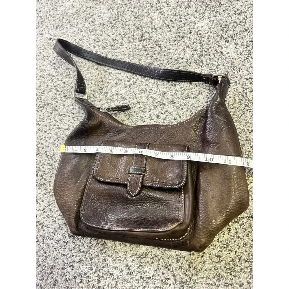 Fossil Brown Leather Shoulder Bag Hobo Y2K Front Pocket Contrast Stitch Zip Top
